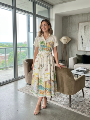 Robe Chemise Midi à Imprimé Illustré et Ceinture