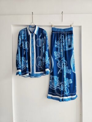 Ensemble Chemise et Pantalon Large Fluide Imprimé Équestre